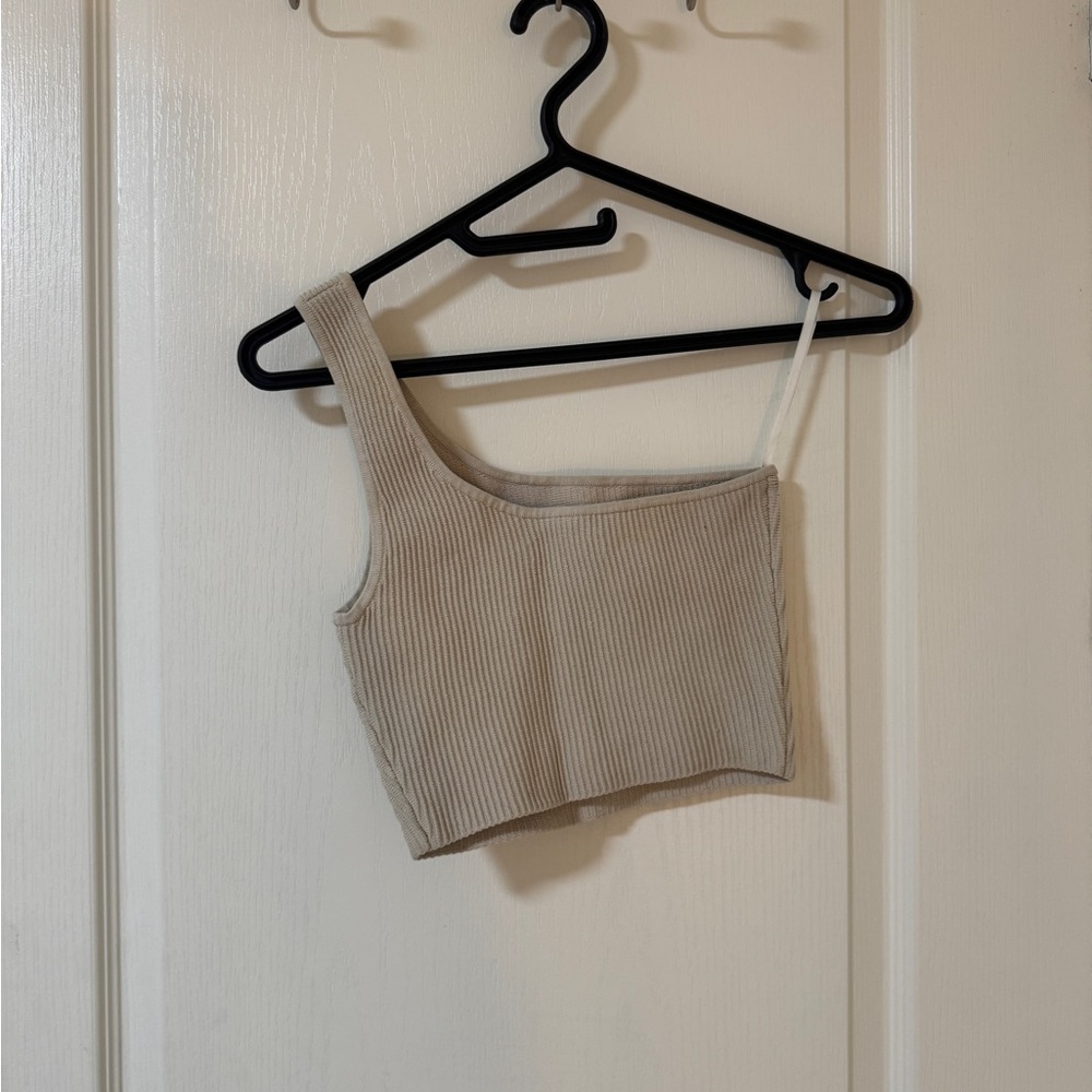 Beige Ribbed One-Shoulder Crop Top